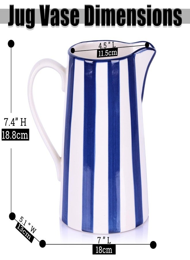 oliruim Ceramic Blue and White Pitcher Vase with Handle, Hand Painted Farmhouse Boho Pottery Jug for Decor Table Centerpiece, Kitchen, Home Desktop Decor Vase (Stripes) - Image 3